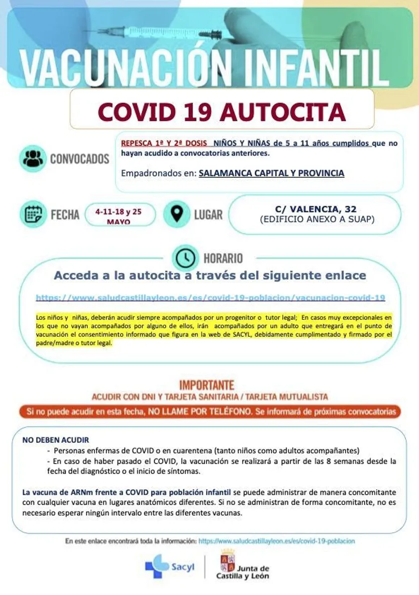REPESCA VACUNACIÓN INFANTIL SALAMANCA CAPITAL Y PROVINICIA MAYO 2022