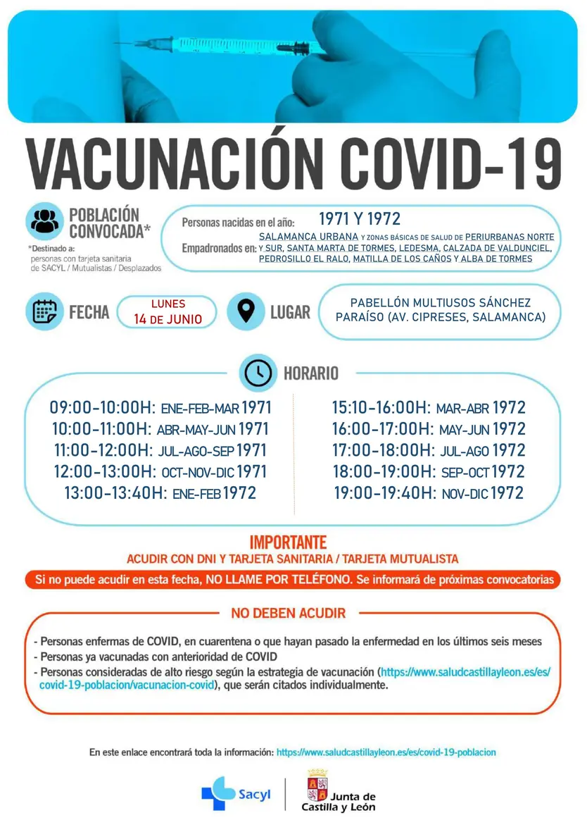 Vacunación lunes 14 de junio en Salamanca