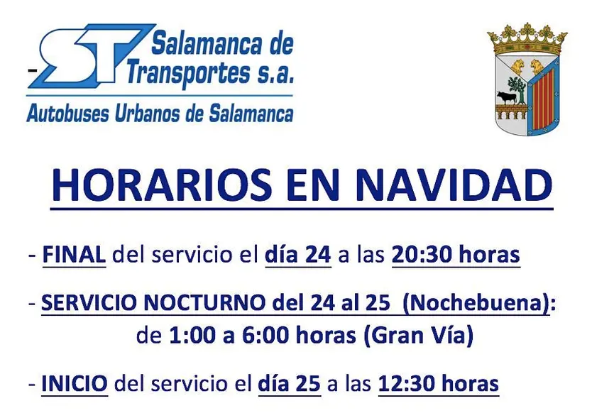 Horarios en Navidad del servicio de autobuses en Salamanca