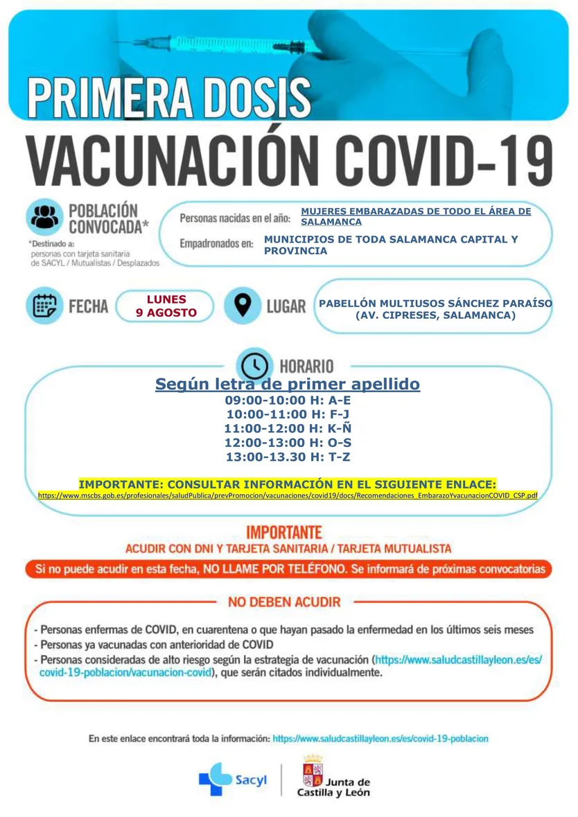 SALAMANCA CAPITAL Y PROVINCIA LUNES 9 AGOSTO mañana EMBARAZADAS PRIMERA DOSIS