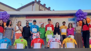 Podio final de la crono de Salamanca de la #VueltaCyL25 (Foto: Fabio López / Ciclismo El Pelotón)