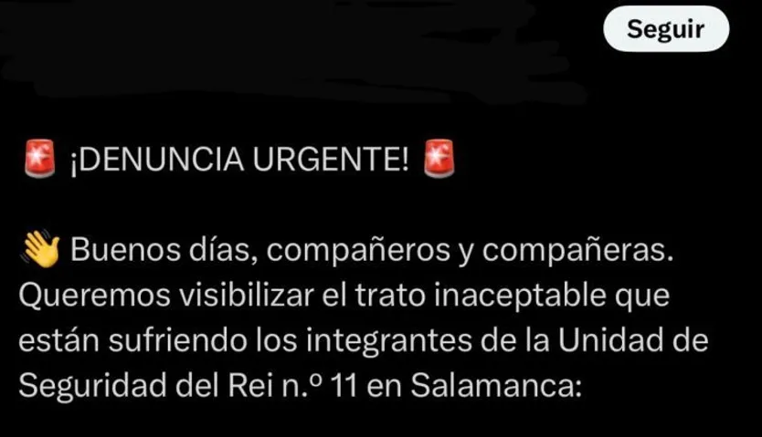 Tweet en el que se denuncia "el trato inaceptable" sufrido por los integrantes del Rei 11 en Salamanca