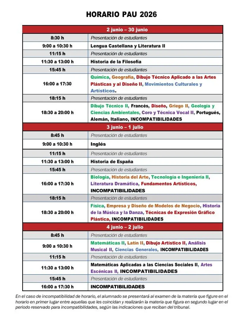 Horario de la PAU 2026 en Salamanca