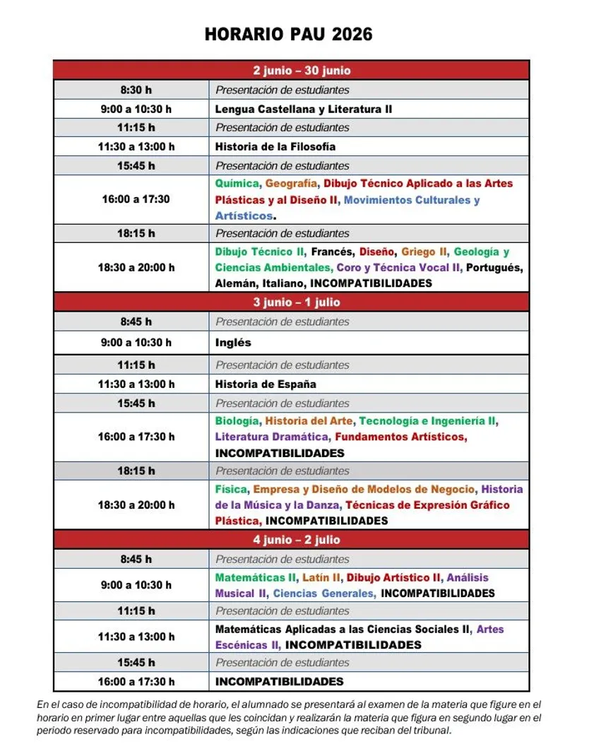 Horario de la PAU 2026 en Salamanca