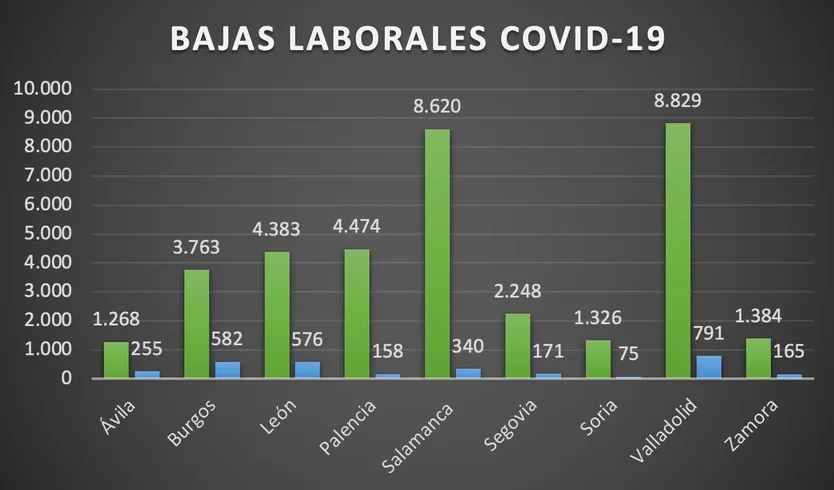 Número de bajas laborales CyL. En verde las de diciembre, en azul las de noviembre. SALAMANCA24HORAS