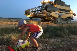 Un niño juega con una cosechadora mientras el padre finaliza la recolección de cereal