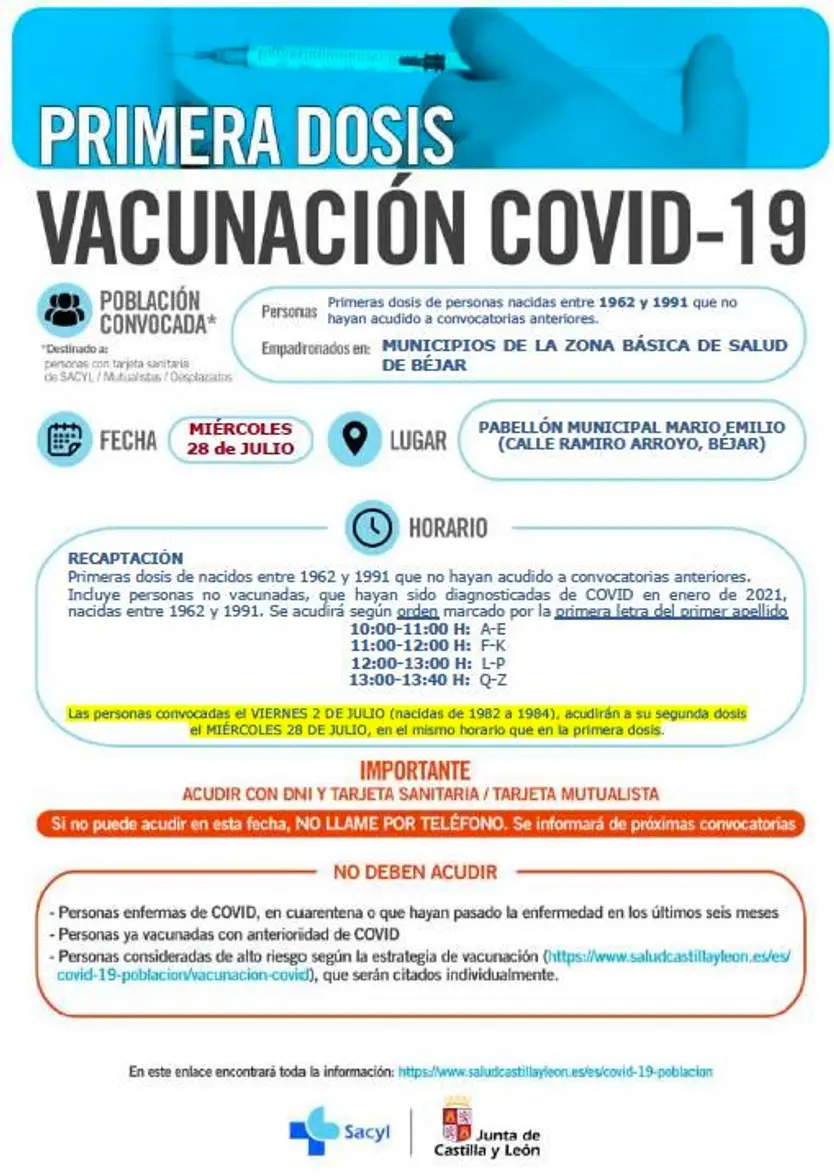 Vacunaciones en Béjar para el día 28 de julio