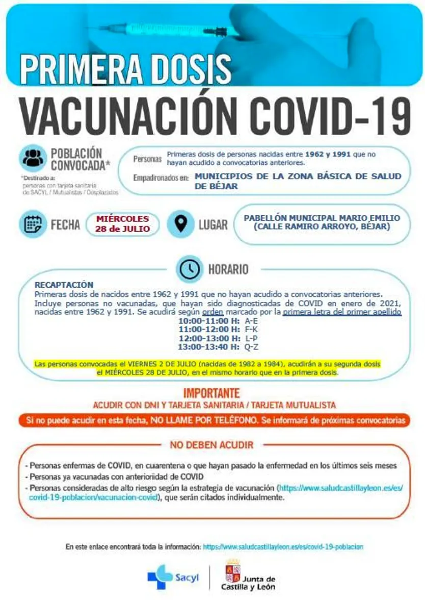 Vacunaciones en Béjar para el día 28 de julio