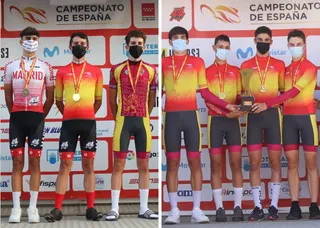Miguel Domínguez en el podio como tercer clasificado (izquierda) y Miguel Huerta junto a sus compañeros de selección (derecha)