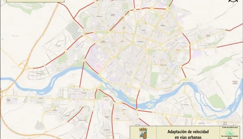 Mapa de calles a 50 kmh en rojo el resto, a 30 kmh