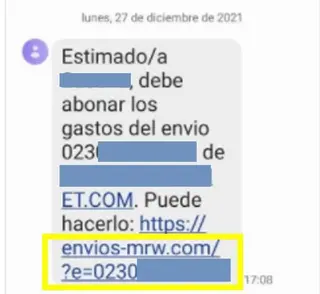 Ejemplo de SMS fraudulento haciéndose pasar por MRW. Foto MRW España.