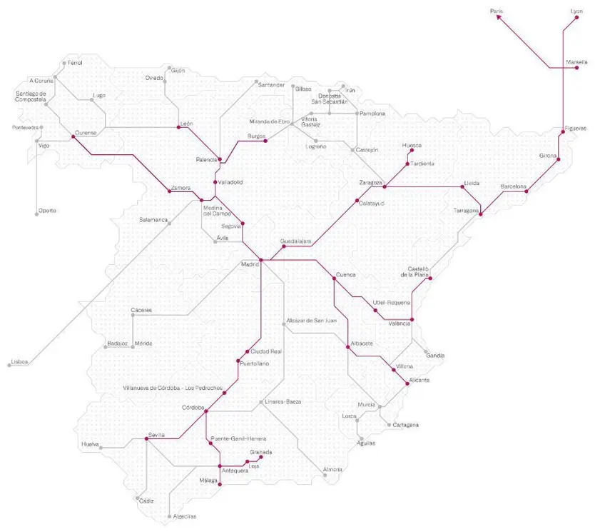 Mapa de líneas Ave y Larga Distancia de Renfe