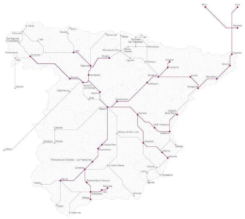 Mapa de líneas Ave y Larga Distancia de Renfe