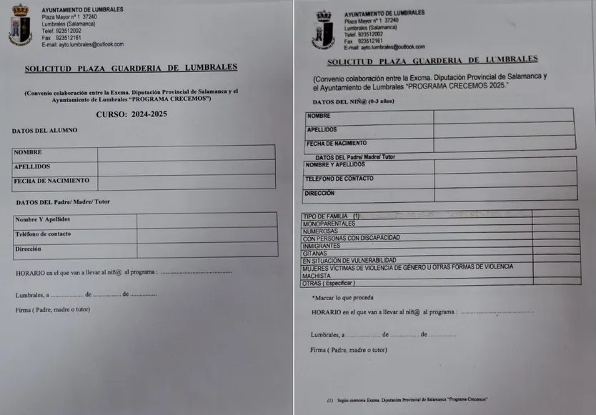 Modelo de solicitud original (dcha) y nuevo (izda) para la guardería de Lumbrales