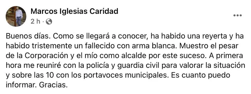 Anuncio del suceso por parte del alcalde de Ciudad Rodrigo a través de su cuenta de Facebook