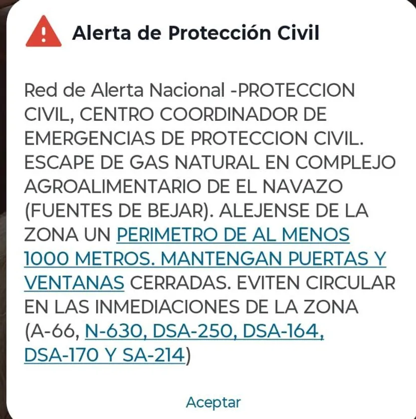 Alerta de Protección Civil enviada.