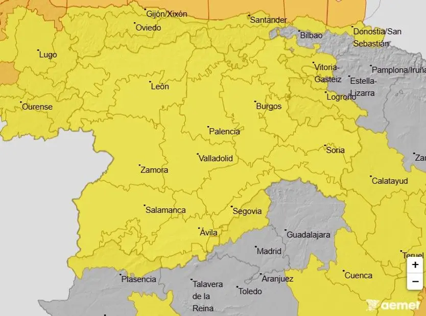 Mapa de aviso amarillo por lluvia, viento y deshielos en Salamanca a 11 de febrero de 2026