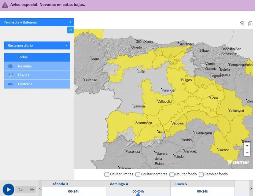 Aviso amarillo por nevadas en la meseta de Salamanca para este domingo y lunes, 4 y 5 de enero