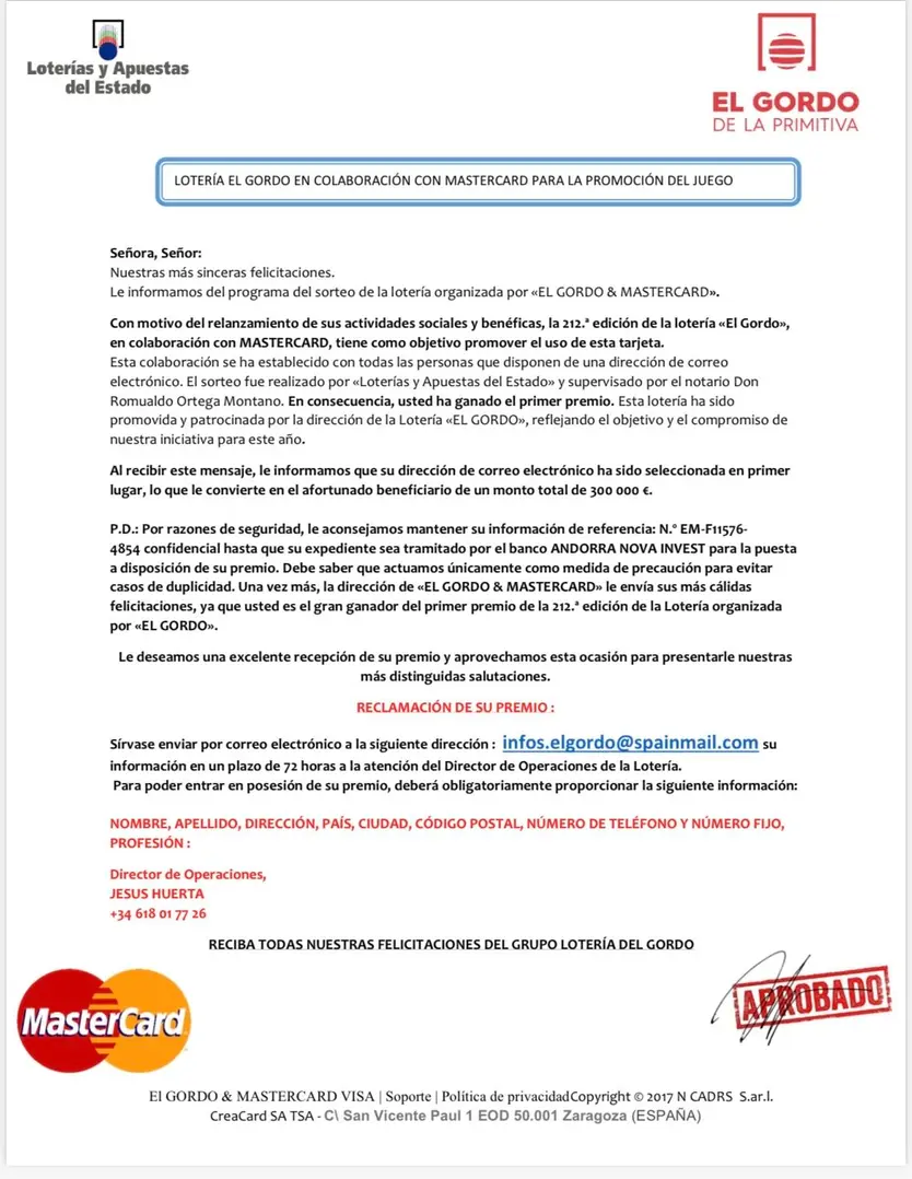Estafa suplantación Loterías del Estado