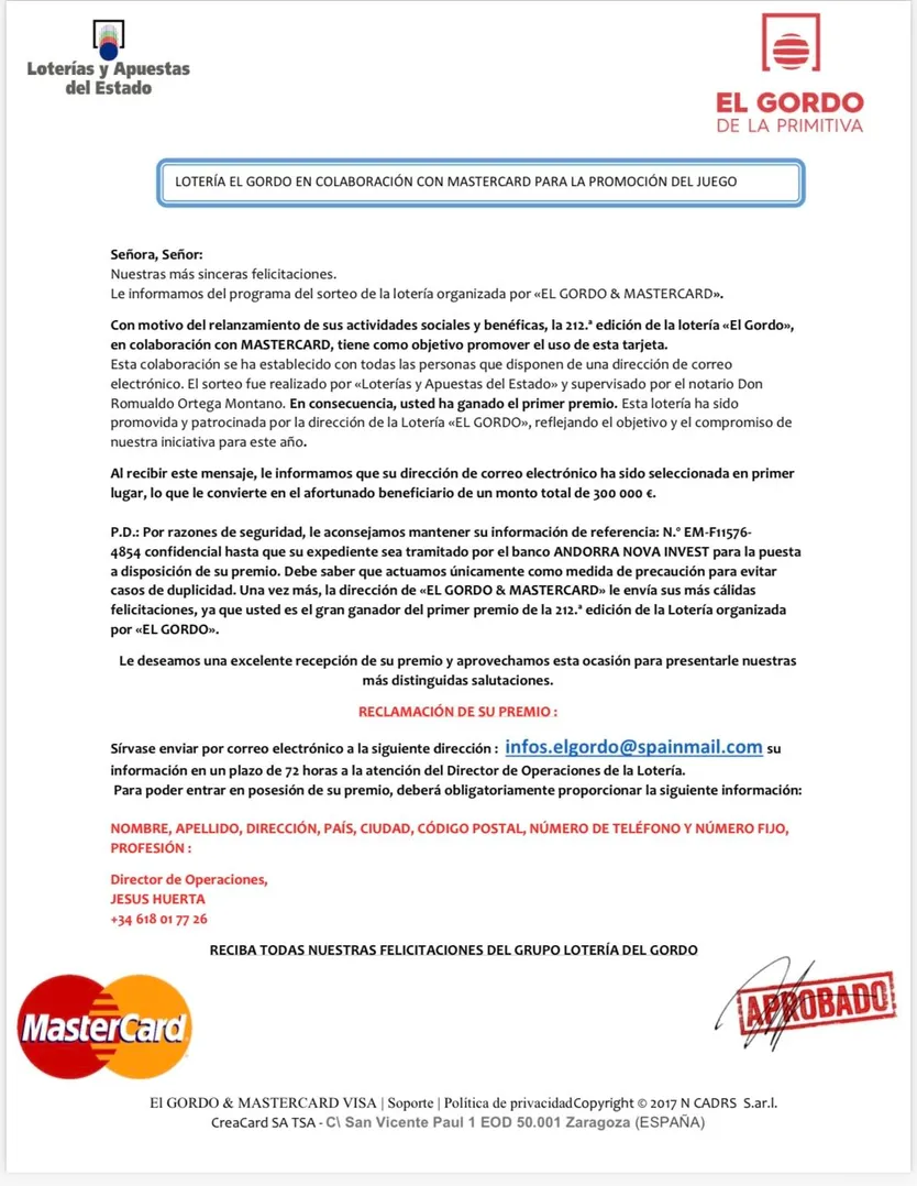 Estafa suplantación Loterías del Estado