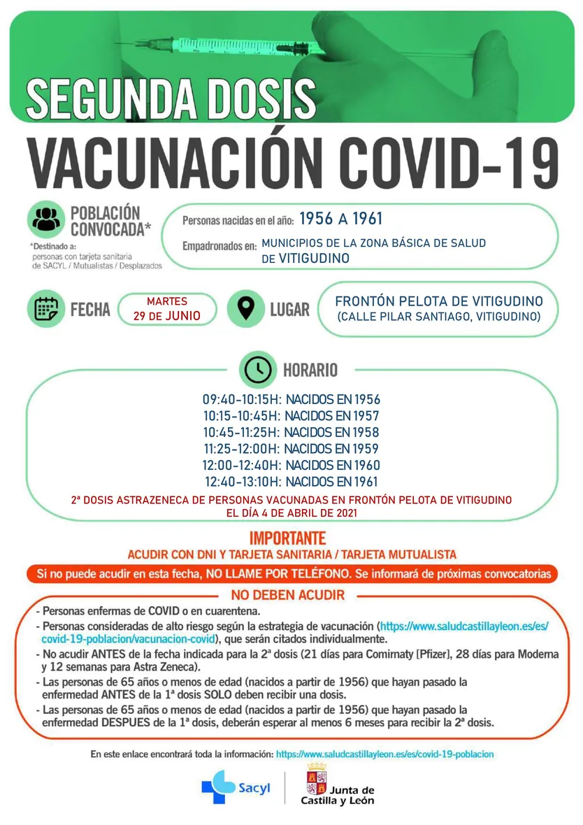 VITIGUDINO 29 JUNIO 2021 NACIDOS 1956 A 1961 SEGUNDA DOSIS ASTRAZENECA VACUNADOS EL 4 DE ABRIL