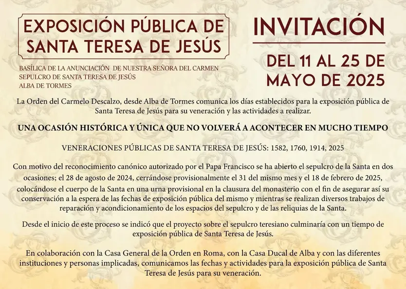 Exposición pública de Santa Teresa de Jesús en Alba de Tormes. 