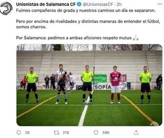 El tuit de Unionistas para el derbi: "Fuimos compañeros de grada y nuestros caminos un día se separaron..."