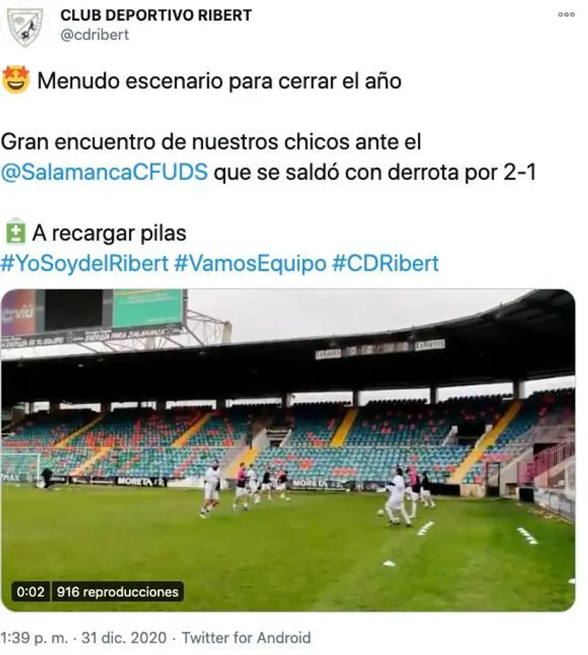 Captura del tuit publicado por el CD Ribert