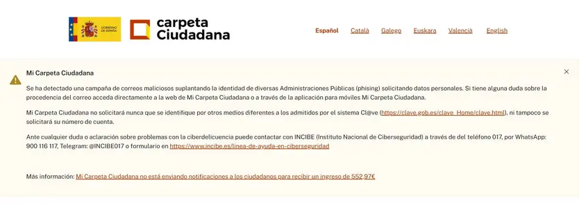 Mensaje de advertencia sobre el fraude en el portal de 
