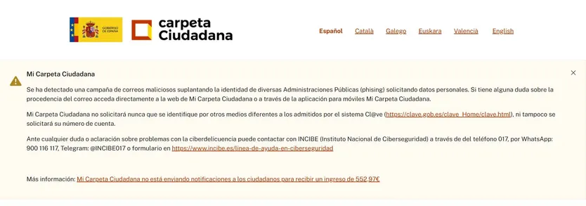 Mensaje de advertencia sobre el fraude en el portal de