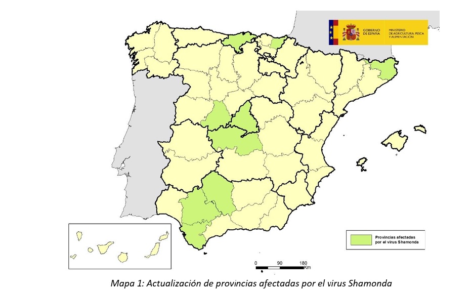 Actualizaci&oacute;n De Las Provincias Afectadas Por El Virus Shamonda a Fecha De 26 De Octubre De 2026. Imagen Ministerio De Agricultura, Pesca Y Alimentaci&oacute;n