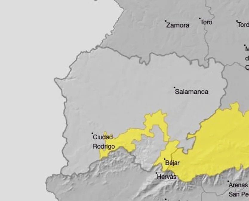 Aviso amarillo este sábado en Salamanca. AEMET.