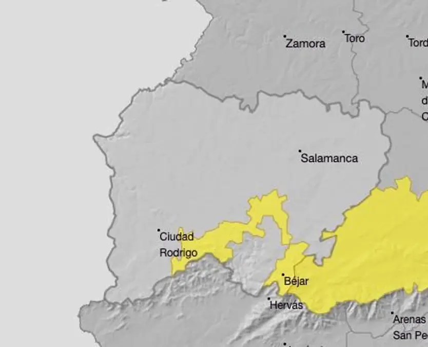 Aviso amarillo este sábado en Salamanca. AEMET.