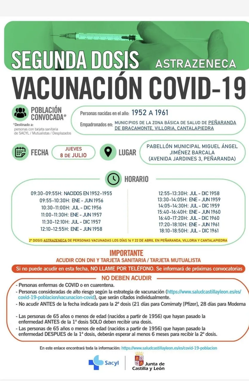Vacunación segunda dosis AstraZeneca en Peñaranda, Villoria y Cantalapiedra