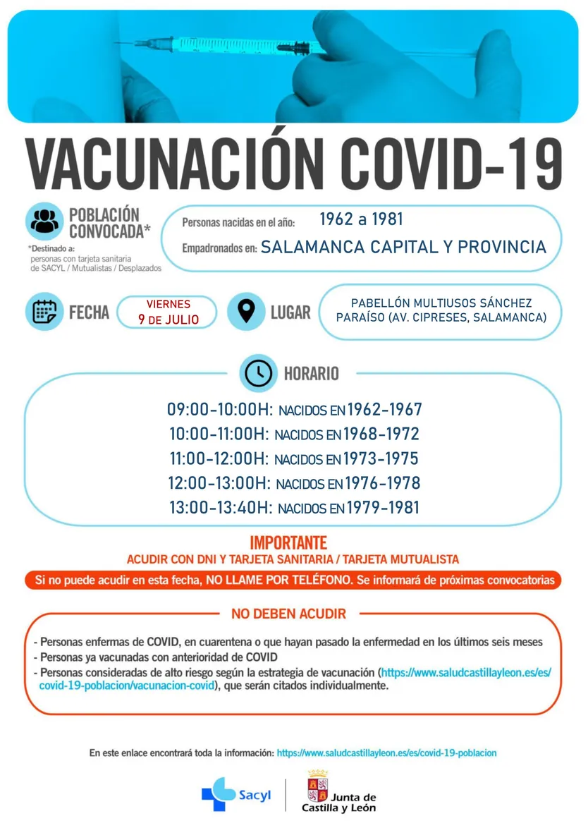 SALAMANCA CAPITAL Y PROVINCIA 9 JULIO 2021 NACIDOS 1962 A 1981
