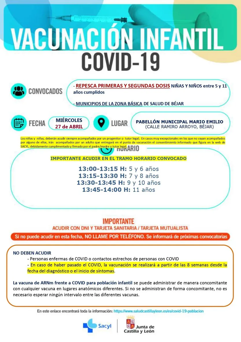 Repesca infantil 1 y 2 dosis en Béjar