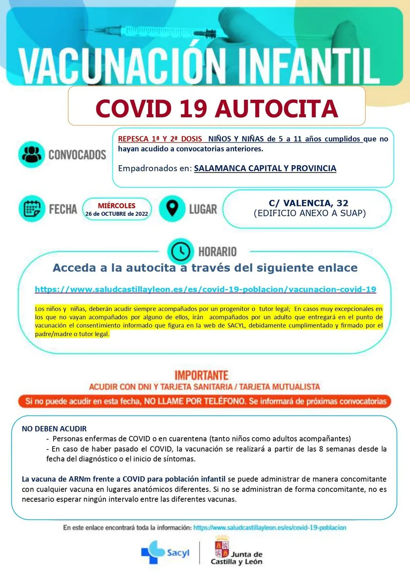 Repesca primeras dosis vacunación infantil Salamanca capital y provincia el 26 de octubre en el SUAP de la calle Valencia 