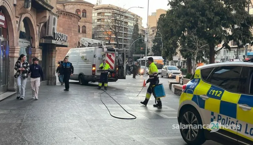 Policía Local cerrando el paso por calzada resbaladiza en Puerta de Zamora. Foto S24H