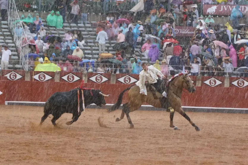 Rui Fernandes bajo la lluvia en el cuarto toro de la tarde