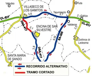 La carretera que une Villaseco de los Gamitos con Encina de San Silvestre, cortada al tráfico hasta septiembre