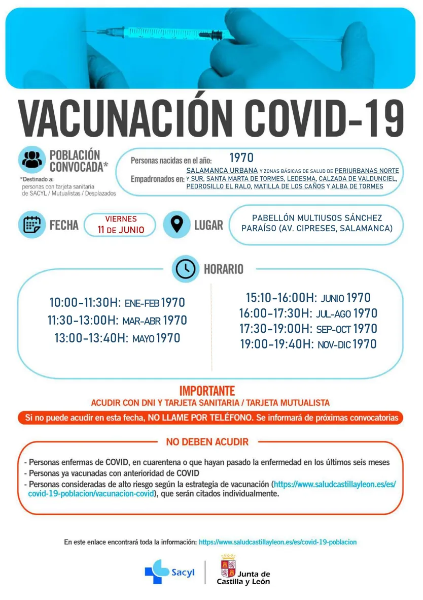 Cartel de la vacunación para los nacidos en 1970 en Salamanca y alrededores