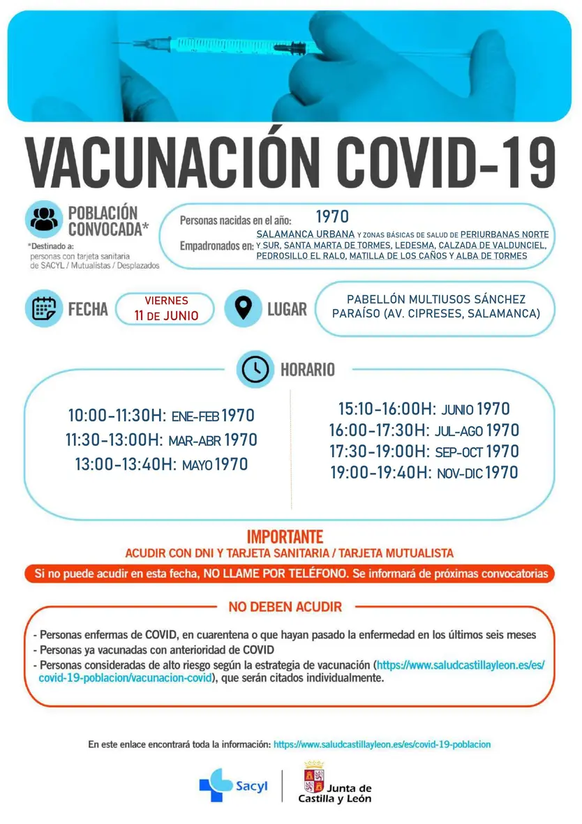 Cartel de la vacunación para los nacidos en 1970 en Salamanca y alrededores