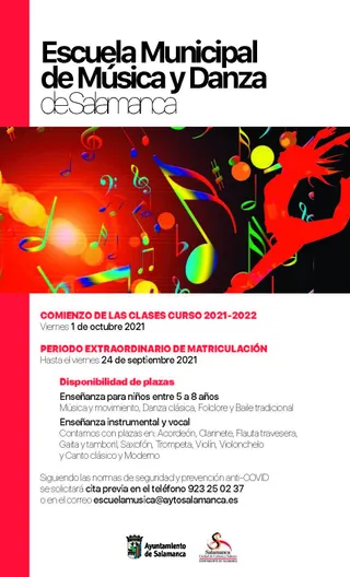 Escuela Municipal de Música y Danza de Salamanca abre un nuevo plazo extraordinario de matriculación para cubrir las plazas vacantes para el curso 2021/2022.