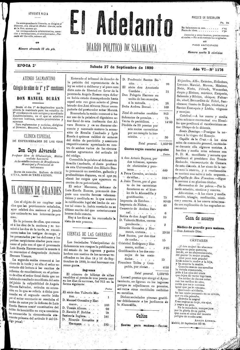 El Adelanto 27 septiembre 1890 Crimen de Grandes
