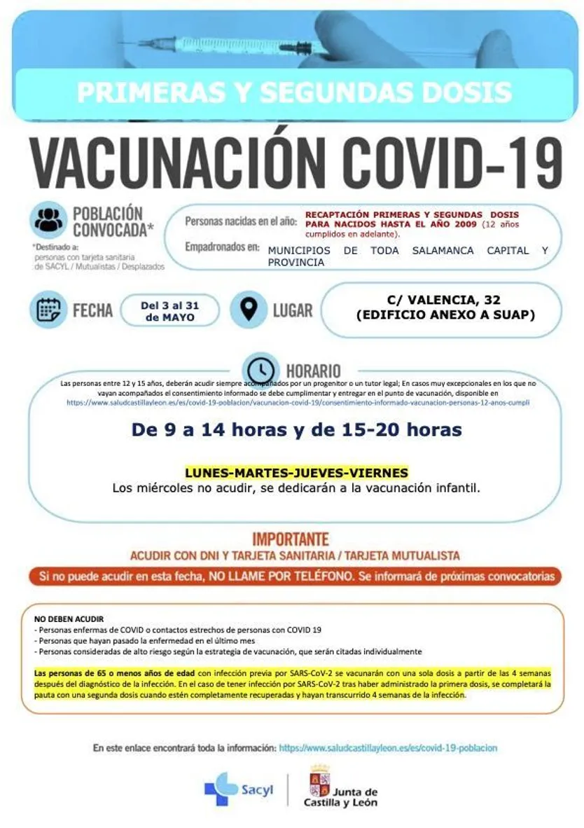 REPESCAS PRIMERAS Y SEGUNDAS DOSIS MAYORES 12 AÑOS SALAMANCA CAPITAL Y PROVINCIA MAYO 2022