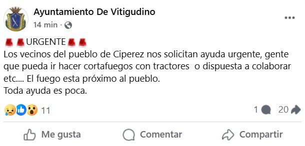 Aviso del Ayuntamiento de Vitigudino de un incendio en Cipérez