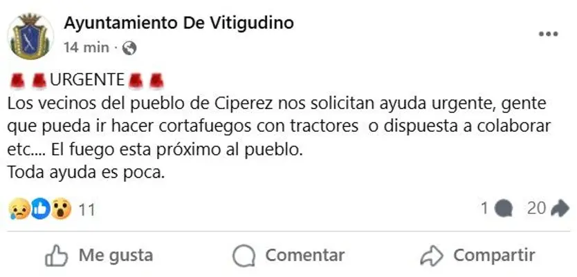 Aviso del Ayuntamiento de Vitigudino de un incendio en Cipérez