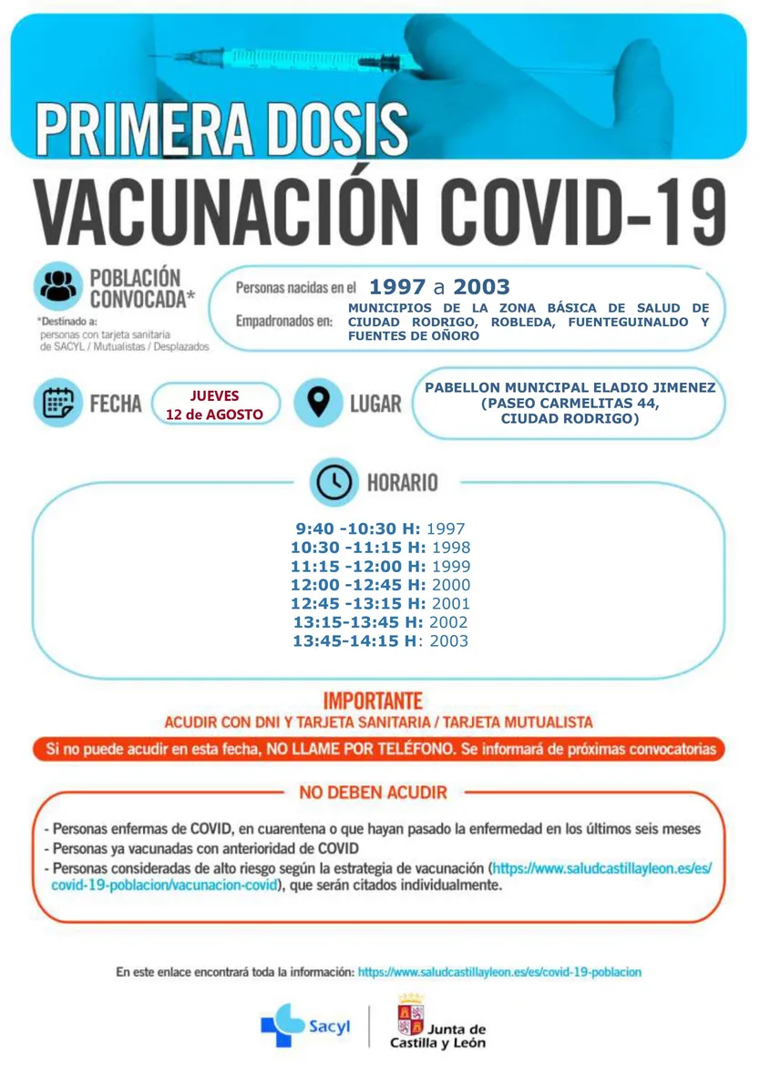 Vacunación masiva en Ciudad Rodrigo para los nacidos entre 1997 y 2003