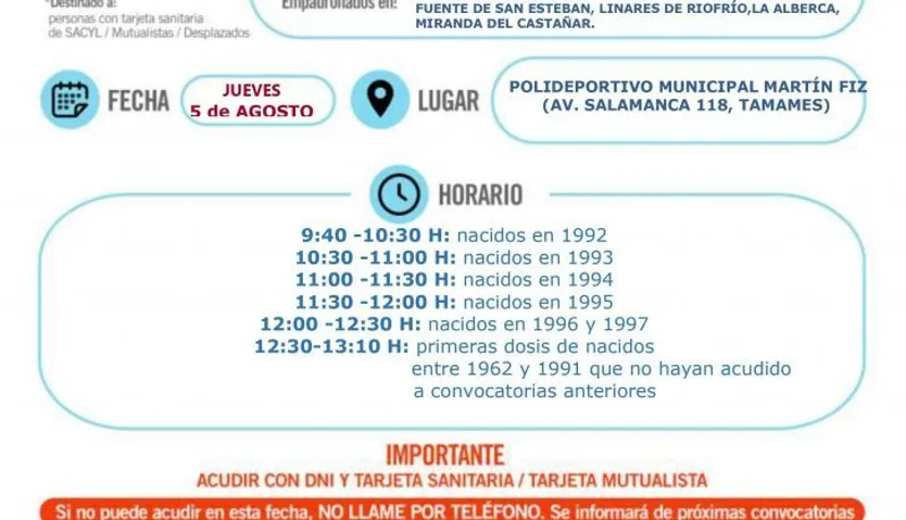 Cartel de vacunación de La Sierra y Tamames para los nacidos entre 1992 y 1997