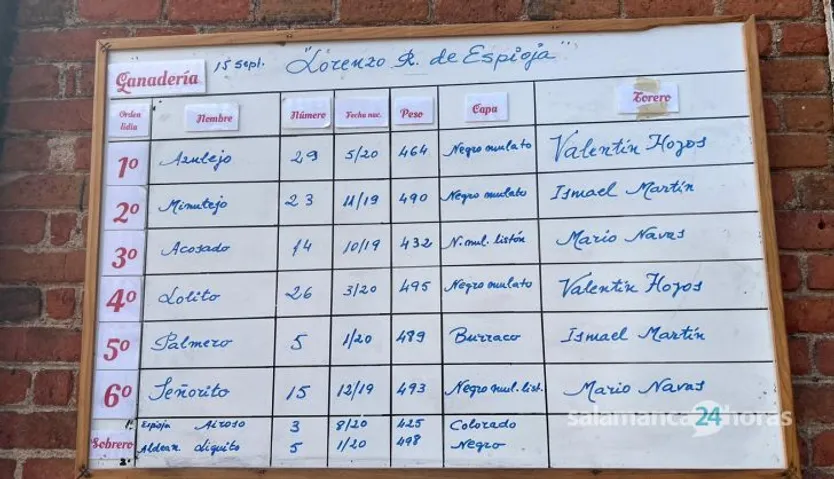 Tablilla de los novilleros de Lorenzo Espioja, viernes, 15 de septiembre de 2023. Foto S24H